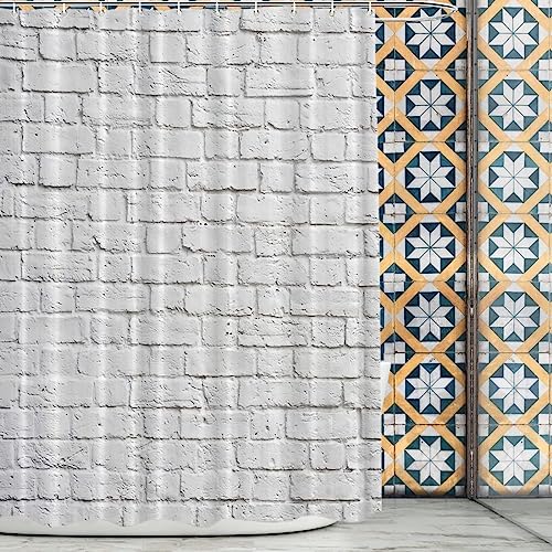 ALMONO Duschvorhang 180x200 Weiße Backsteinmauer Duschvorhang Ziegelwand Badezimmer Vorhang Antischimmel Wasserdicht 3D Effekt Duschvorhänge Textil Polyester Stoff für Badewannen mit Haken von ALMONO