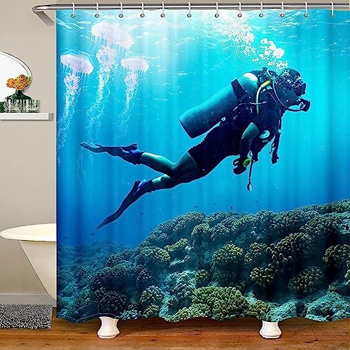 ALMONO Duschvorhang 200x200 Blaues Tauchen Duschvorhang Taucher Badezimmer Vorhang Antischimmel Wasserdicht 3D Effekt Duschvorhänge Textil Polyester Stoff für Badewannen mit Haken ALMONO Duschvorhang 200x200 Blaues Tauchen Duschvorhang Taucher Badezimmer Vorhang Antischimmel Wasserdicht 3D Effekt Duschvorhänge Textil Polyester Stoff für Badewannen mit Haken von ALMONO