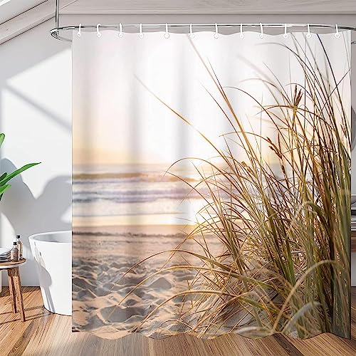 ALMONO Duschvorhang 200x200 Strand Duschvorhang Gras Badezimmer Vorhang Antischimmel Wasserdicht 3D Effekt Duschvorhänge Textil Polyester Stoff für Badewannen mit Haken von ALMONO