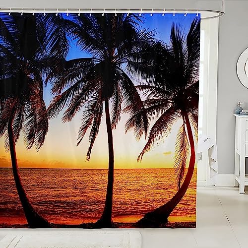 ALMONO Duschvorhang 240x200 Palme Duschvorhang Sonnenuntergang Am Strand Badezimmer Vorhang Antischimmel Wasserdicht 3D Effekt Duschvorhänge Textil Polyester Stoff für Badewannen mit Haken von ALMONO