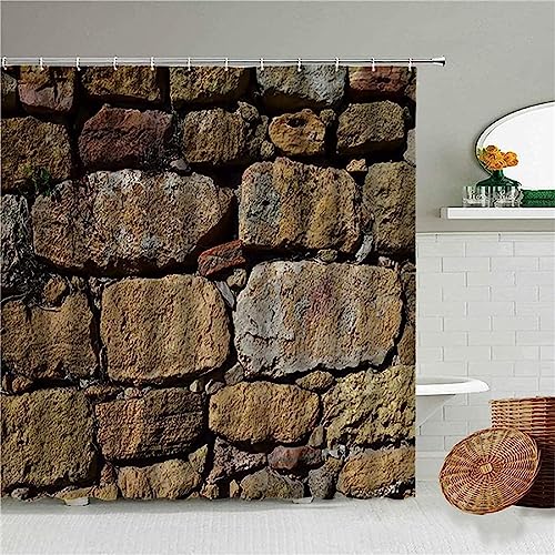 ALMONO Duschvorhang 240x200 Steinwand Duschvorhang Retro-Land Badezimmer Vorhang Antischimmel Wasserdicht 3D Effekt Duschvorhänge Textil Polyester Stoff für Badewannen mit Haken von ALMONO