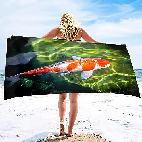 ALMONO Mikrofaser Strandtuch Koi Karpfen Handtuch Groß 80x160 cm, Koi Karpfen Strandtuch 3D Badetuch Strandhandtuch Schnelltrocknend Weiches Strandlaken, Reisehandtuch, Saunatuch von ALMONO