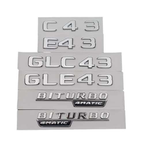 ALMVIS 3D-Kofferraumaufkleber C43 E43 GLE43 GLC43 BITURBO 4MATIC Emblem Logo Passend for Mercedes AMG W205 W204 W213 W212 X253 W167 Zubehör Auto-Logo-Aufkleber(Chrome Silver,BITURBO 4MATIC 2pcs) von ALMVIS