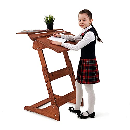 Stehpult Stehtisch für Kinder Typ Lhh - Holz - höhenverstellbar - Gestell und Tischplatte geölt in Nussbaum hell - Adjust Standing Desk von ALNETI