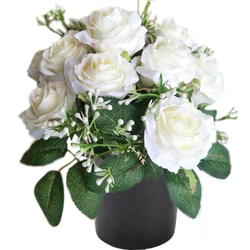 ALNIYATX Grabblume mit 12 künstlichen Rosen im Topf, ideal für Friedhof- und Beerdigungsdekorationen, Weiß von ALNIYATX