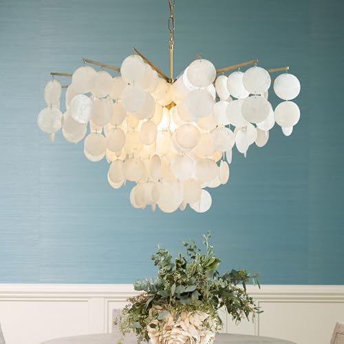 ALOADECOR 6-Light B 75CM Kegel Form 5-Tier-Kronleuchter Küste Capiz Muscheln Kronleuchter mit antiken Gold Metall für Esszimmer Wohnzimmer von ALOADECOR