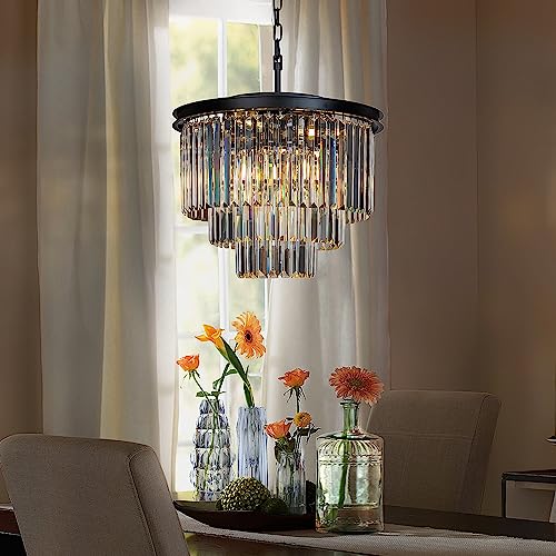 ALOADECOR 6-Lights W 50cm Modern Matte Black 3-Tier Round Crystal Fringe Chandelier Round Tiered Crystal Chandelier for Dining Room Living Room von ALOADECOR