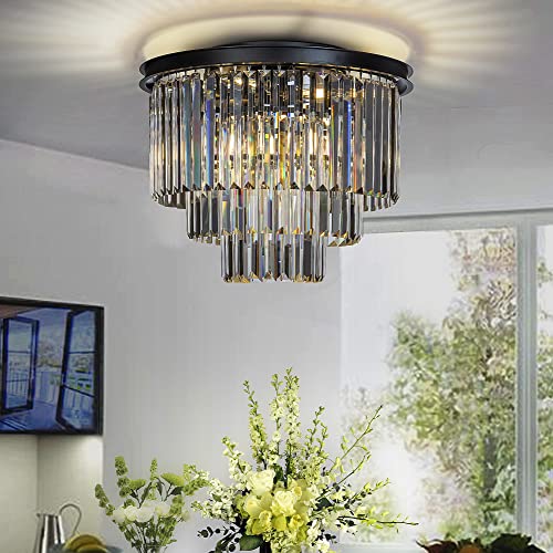 ALOADECOR 6-Lights W 50cm Modern Matte Black 3-Tiered Round Crystal Fringe Chandelier Round Tiered Crystal Flush Mount Lighting for Dining Room Living Room von ALOADECOR