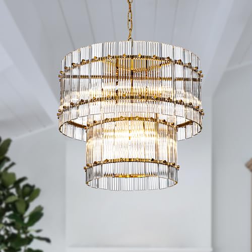 ALOADECOR B56 cm 10-Licht Glamouröser und moderner zweistufiger handgefertigter Glas-Kronleuchter in Antikgold Klassische Beleuchtung für Wohnzimmer und Esszimmer von ALOADECOR