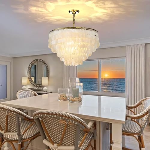 ALOADECOR Coastal 3-Licht Runde Natürliche Capiz Muschel Kronleuchter Bauernhaus 3 Tiers Muscheln Pendelleuchte in Antik Gold für Wohnzimmer Esszimmer Badezimmer (B65 cm x H67 cm) von ALOADECOR
