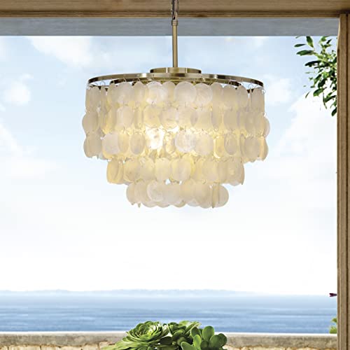 ALOADECOR Coastal 3-Light B45 cm Runde Natürliche Capiz Muschel Kronleuchter Bauernhaus 3 Tiers Muscheln Pendelleuchte in Antik Gold für Wohnzimmer Esszimmer Badezimmer von ALOADECOR