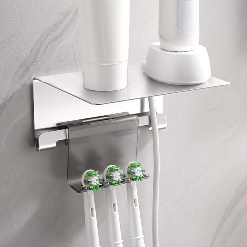 ALOCEO Zahnbürstenhalter Wand, Mini Wandregal mit Haken für Elektrische Zahnbürste Halter, Edelstahl Aufsteckbürsten Halter mit Ablage von ALOCEO