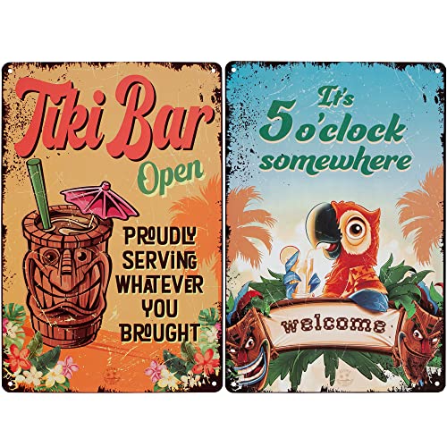 Tiki Bar Schild 2 Stück Set, Tiki Bar Dekorationen Outdoor, Tiki Bar Open & It's 5 O'Clock Somewhere Papagei Design 20.3 cm x 30.5 cm, Tiki Bar für Außen Terrasse, Outdoor Tiki Bars von ALOHA NUI NATION