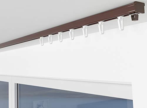 ALOHA Gardinenschiene aus Aluminium Vorhangschienen, Deckenbefestigung 1, 2, 3, 4, 5 -läufig für Schiebevorhänge, Vorhänge (ITU / 1-läufig / 240cm / mit Faltenlegehaken/Braun) von ALOHA