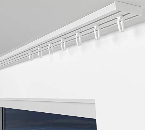 ALOHA Gardinenschiene aus Aluminium Vorhangschienen, Deckenbefestigung 1, 2, 3, 4, 5 -läufig für Schiebevorhänge, Vorhänge (RIO / 3-läufig / 240cm / mit Faltenlegehaken/Weiß) von ALOHA