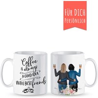 2 Beste Freundinnen Tasse Personalisiert, Mit Frisuren, Life Is Better With Friends Oder Eigenem Text, Panoramatasse, Ohne Blumen von ALOHAPenman