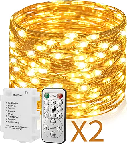 ALOICI 2er 50LED Lichterketten mit Timer Batteriebetrieben, 5M Silberdraht + 1M Kabel, Warmweiß (IP65 Wasserdicht für Outdoor, 8 Modi) von ALOICI