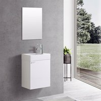 Weiß Waschplatz Waschbecken Schrank + Spiegel wc Gäste Toilette Badmöbel klein - Weiß von ALONI