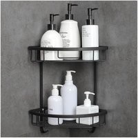 Eck-Duschregal ohne Bohren, Aluminium-Badezimmeraufbewahrung, selbstklebend, rostfrei, Duschablage mit 2 Haken für Badezimmer, 2 Ebenen (schwarz) von ALOVEZ