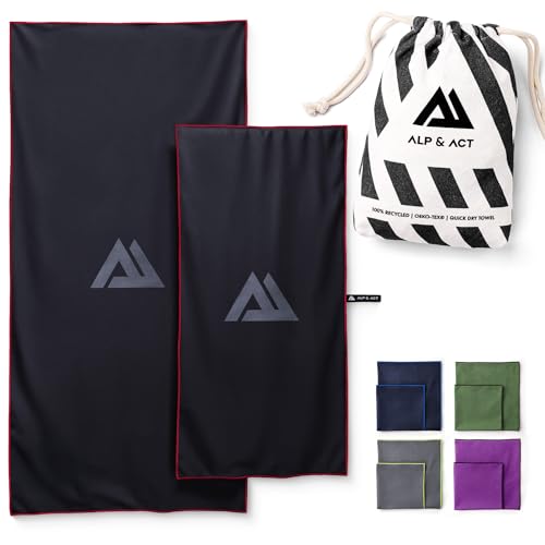 ALP & ACT Mikrofaser Handtuch 2er Set - 100% Recycelt - EXTRA KOMPAKT & leicht - 150x70 cm + 100x50 cm - Reisehandtuch, großes Strandtuch, Sporthandtuch - Microfaser Handtücher inkl. Beutel - schwarz von ALP & ACT