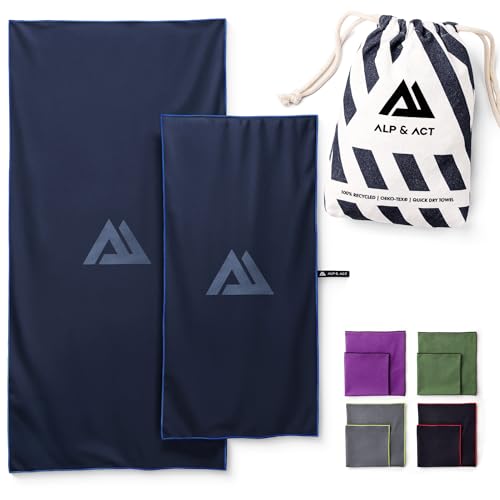 ALP & ACT Mikrofaser Handtuch 2er Set - 100% Recycelt - EXTRA KOMPAKT & leicht - 150x70 cm + 100x50 cm - als Reisehandtuch, großes Strandtuch, Sporthandtuch - Microfaser Handtücher inkl. Beutel - blau von ALP & ACT