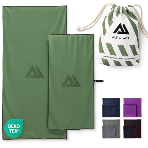 ALP & ACT Mikrofaser Handtuch 2er Set - 100% Recycelt - EXTRA KOMPAKT & leicht - 150x70 cm + 100x50 cm - als Reisehandtuch, großes Strandtuch, Sporthandtuch - Microfaser Handtücher inkl. Beutel - grün von ALP & ACT