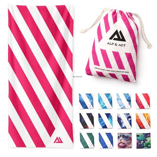 ALP & ACT Strandtuch XXL 200x90 cm - 100% recycelte Mikrofaser - EXTRA LEICHT & schnelltrocknend - großes Microfaser Handtuch für Urlaub & Strand - Badetuch inkl. Baumwollbeutel - pink von ALP & ACT