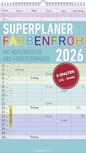 Superplaner Farbenfroh 2026 - 5 Spalten - Familienkalender 26x45 cm - Offset-Papier - mit Ferienterminen - Wandkalender - Wandplaner von Alpha Edition