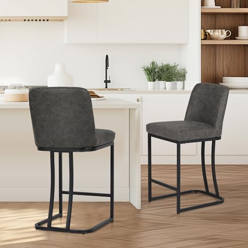ALPHA HOME 2er Set Barhocker Frühstücks-Barhocker Pu-Leder Küchenhocker mit Rückenlehne Barhocker mit Fußstütze für Küchentheke Stabiles Metall-Stahlgestell, Grau von ALPHA HOME