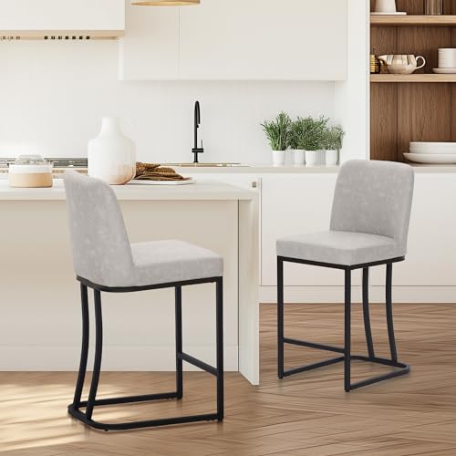 ALPHA HOME 2er-Set Barhocker Frühstücks-Barhocker Pu-Leder-Küchenhocker mit Rückenlehne Barhocker mit Fußstütze für Küchentheke Stabiles Metall-Stahlgestell, Hellgrau von ALPHA HOME