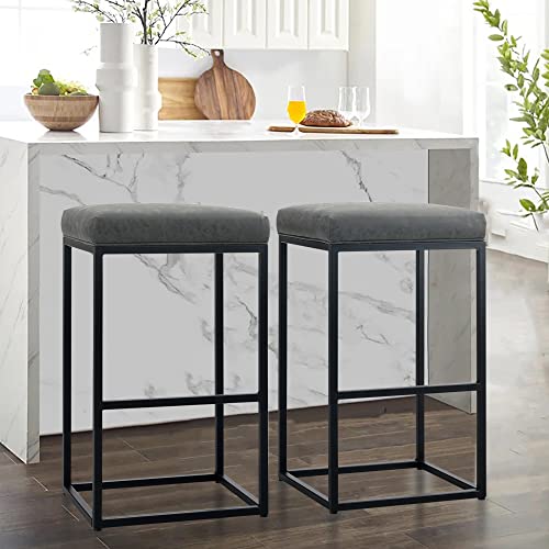 ALPHA HOME Barhocker 2er Set mit Fußstütze Grau 76cm Barstuhl ohne Lehne Barhocker Pu-Leder Sitzhöhe Barstühle Rückenfreier Sitzhocker mit dickem Kissen und robustem verchromtem Metallgestell von ALPHA HOME