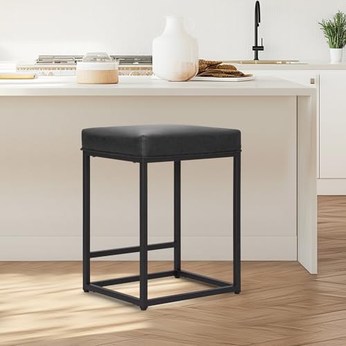 ALPHA HOME Barhocker, Counter Höhe Barhocker mit Fußstütze, Frühstück Bar Stuhl von Pu Leder Backless, Küche Esszimmer Cafe Stuhl für Innen-und Außenbereich (Schwarz) von ALPHA HOME