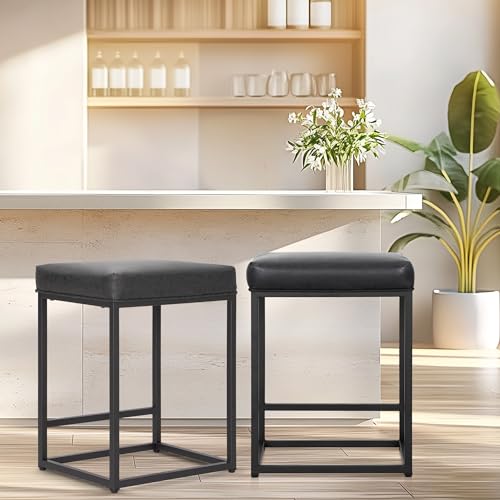 ALPHA HOME Barhocker 2er Set, Counter Höhe Barhocker mit Fußstütze, Frühstück Bar Stuhl von Pu Leder Backless, Küche Esszimmer Cafe Stuhl für Innen-und Außenbereich (Schwarz) von ALPHA HOME