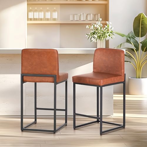 ALPHA HOME Schminkhocker, Schminktisch Hocker, 2 Barhocker Tresenhocker, Bürohocker, Küchenstühle mit Rückenlehne und Fußstütze, Robuster Metallrahmen, Moderne Bistrohocker Frühstückshocker, Braun von ALPHA HOME