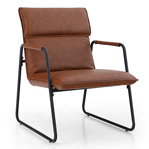 ALPHA HOME Leder Loungesessel Mid Century Modern Relaxsessel Weich gepolstert Polsterstuhl Lesesessel Polstersessel Stahlrahmen für Wohnzimmer Schlafzimmer Arbeitszimmer bis zu 136kg, Braun von ALPHA HOME