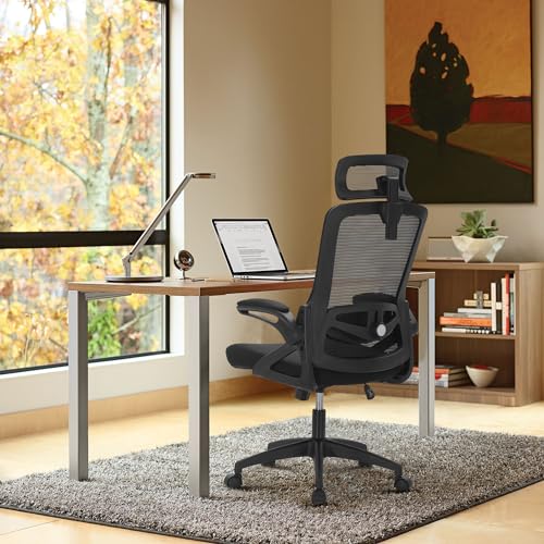 Alpha Home Ergonomischer Büro-Schreibtischstuhl, atmungsaktiver Computerstuhl mit Verstellbarer Lendenwirbelstütze, Kopfstütze und Klappbaren Armlehnen, Bequemer Chefsessel für Home Office von ALPHA HOME