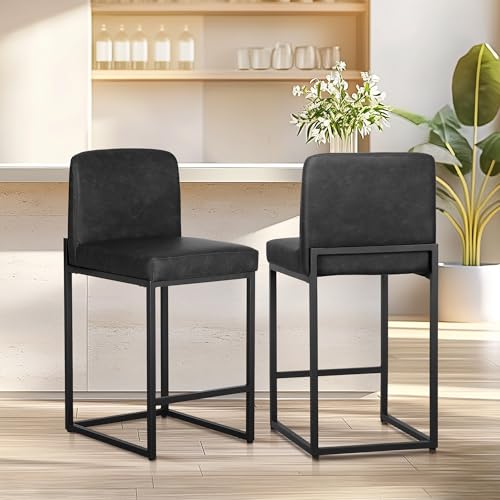 ALPHA HOME Schminkhocker, Schminktisch Hocker, 2 Barhocker Tresenhocker, Bürohocker, Küchenstühle mit Rückenlehne und Fußstütze, Robuster Metallrahmen, Moderne Bistrohocker Frühstückshocker, Schwarz von ALPHA HOME