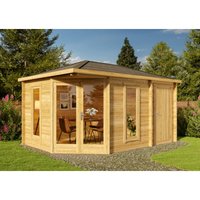 5-Eck Gartenhaus Liwa Compact mit Anbau Gartenhaus aus Holz in Pinie, Holzhaus mit 40 mm Wandstärke, Blockbohlenhaus mit Montagematerial - Alpholz von ALPHOLZ