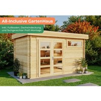 Alpholz - Premium Set Gartenhaus Leandro 9m² Flachdach inkl. Montage Gartenhaus aus Holz, Holzhaus mit 28 mm Wandstärke, Blockbohlenhaus mit von ALPHOLZ