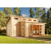 Gartenhaus Lausitz iso mit Falttür & Anbau Gartenhaus aus Holz, Holzhaus mit 40 mm Wandstärke fsc zertifiziert, Blockbohlenhaus mit Montagematerial von ALPHOLZ