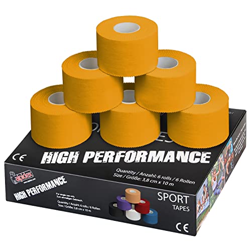 ALPIDEX 6 Rollen Sport Tape Set 3,8 cm x 10 m Gelenk Tapeverband Viele Farben Reißbares Unelastisches Sporttape Hautfreundlich Handball Fußball Volleyball, Farbe:gelb von ALPIDEX