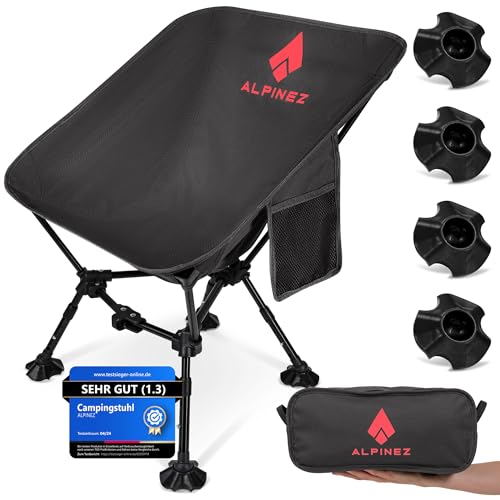 ALPINEZ Campingstuhl faltbar leicht höhenverstellbar | kleines packmaß Faltstuhl Camping Stuhl klappbar | Angelstuhl Ultraleicht Campingstühle Strandstuhl (SCHWARZ) von ALPINEZ