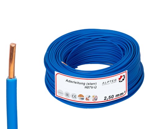 ALPTEG 100m H07V-U Aderleitung Einzelader Verdrahtungsleitung starr (100m - 2,5mm² - Blau) von ALPTEG