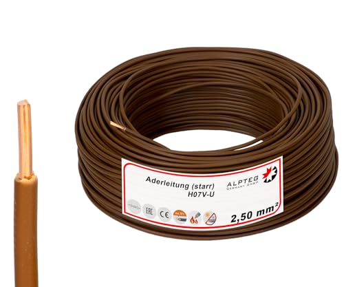 ALPTEG 100m H07V-U Aderleitung Einzelader Verdrahtungsleitung starr (100m - 2,5mm² - Braun) von ALPTEG