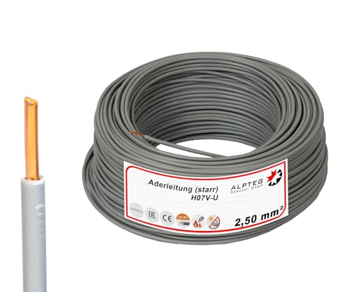 ALPTEG 100m H07V-U Aderleitung Einzelader Verdrahtungsleitung starr (100m - 2,5mm² - Grau) von ALPTEG