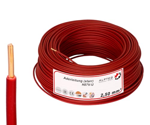 ALPTEG 100m H07V-U Aderleitung Einzelader Verdrahtungsleitung starr (100m - 2,5mm² - Rot) von ALPTEG