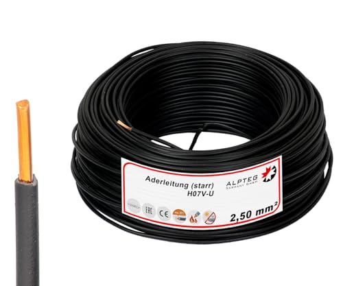 ALPTEG 100m H07V-U Aderleitung Einzelader Verdrahtungsleitung starr (100m - 2,5mm² - Schwarz) von ALPTEG