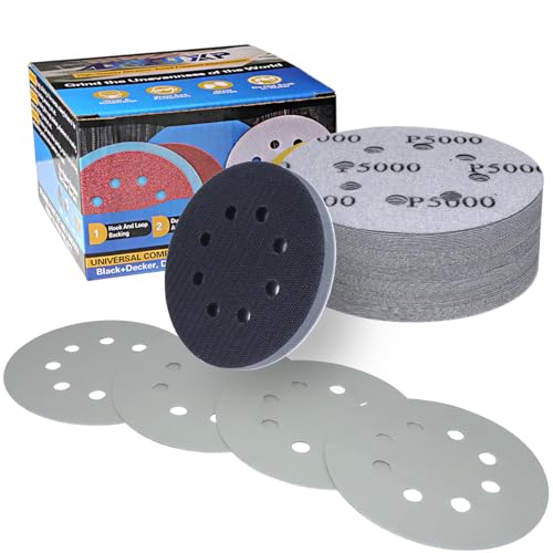 ALPXUXP 51 Stück Schleifpapier 125mm Klett 5000 körnung Nass Trocken Schleifscheiben 8 Loch Siliciumcarbid Schleifblätter Profi für Exzenterschleifer(Enthält 1 Stück Kissen Pad) für Auto Metall von ALPXUXP