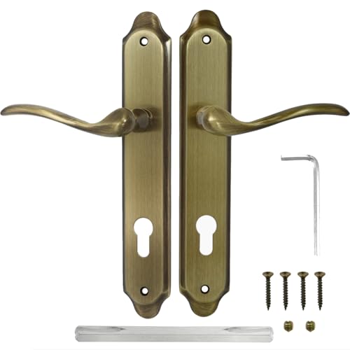 ALSTEN TECH Langschild Drückergarnitur 92 PZ - Profilzylinder Türgriff Türklinke aus Messing Beidseitige Federunterstützung Inbusklemmung Hochwertiger Türbeschlag Ausführung Patina - Altgold von ALSTEN TECH