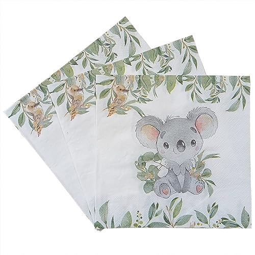 100Pcs Geburtstagsfeier Papierservietten,Frische Grüne Blätter Grau Koala Tier,2-Lagige Einweg-Papier-Party-Servietten 33Cmx33Cm Ideal Für Die Decoupage-Herstellung Für Die Junggesellinnenabs von ALTCIRNMD